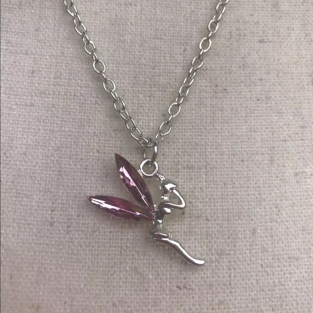 Silver Tone Fairy Pendant Necklace Pink Crystal Wings Whimsical‎ Fantasy Jewelry